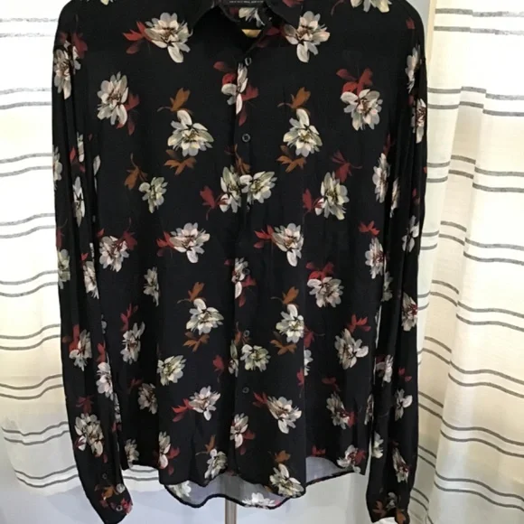 Zara Men Size Med Black Button Up Collard Dress Shirt Floral Hawaii Lightweight - Picture 3 of 10